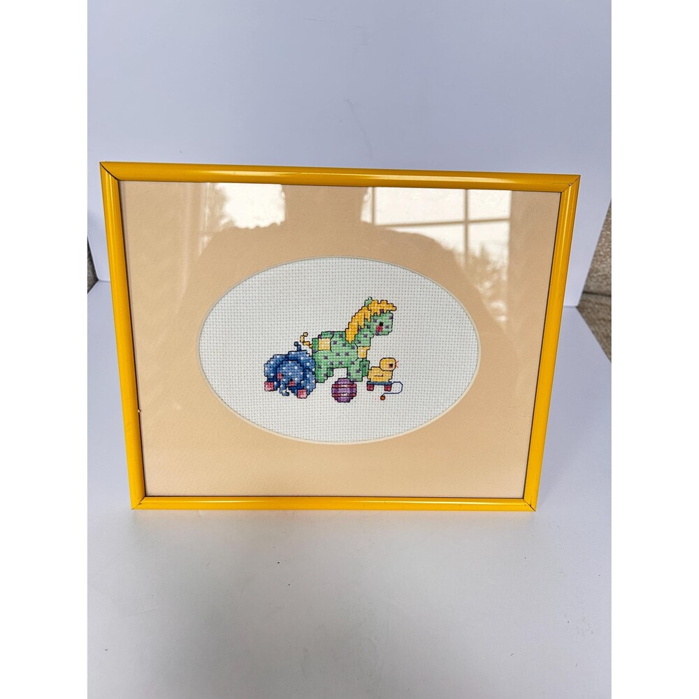 Vintage Nursery Cross Stitch Framed Wall Art - Completed Needlepoint, Yellow